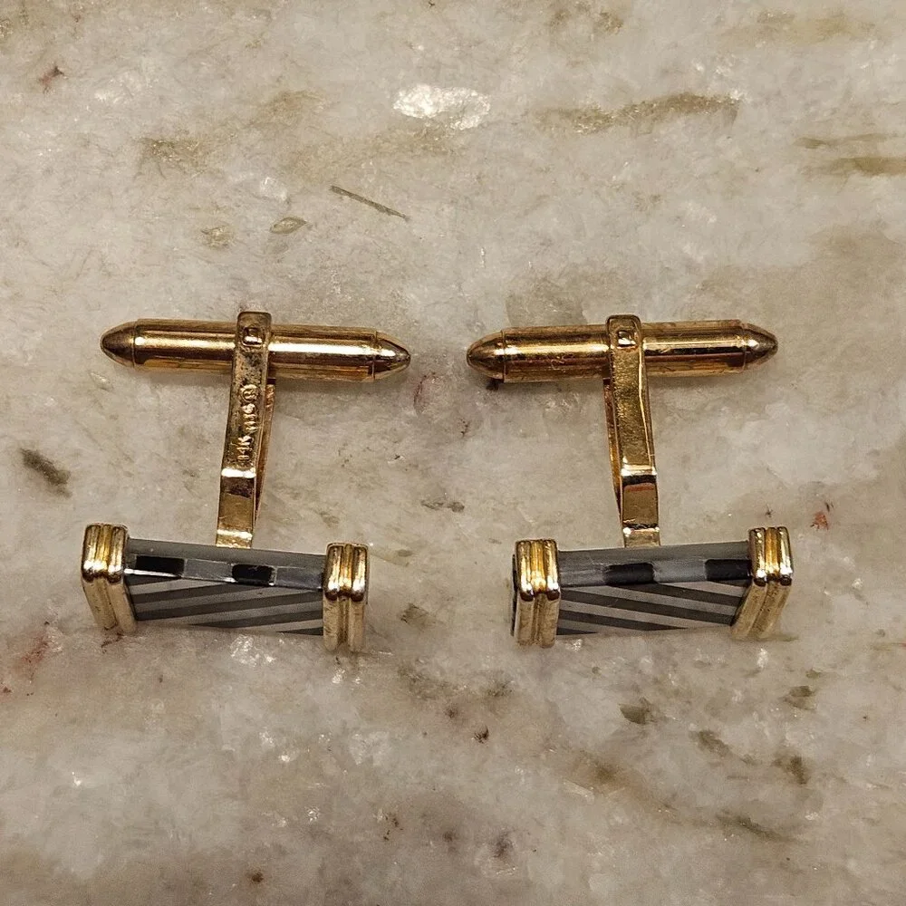 HEAVY RARE VINTAGE ESTATE MAYORS BIRKS 18K ITALY GOLD MOP ONYX STRIPED CUFFLINKS